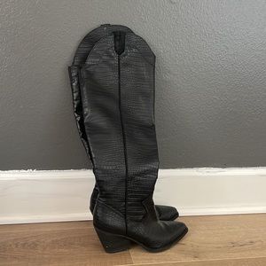 Over the knee, black western snakeskin look boot
